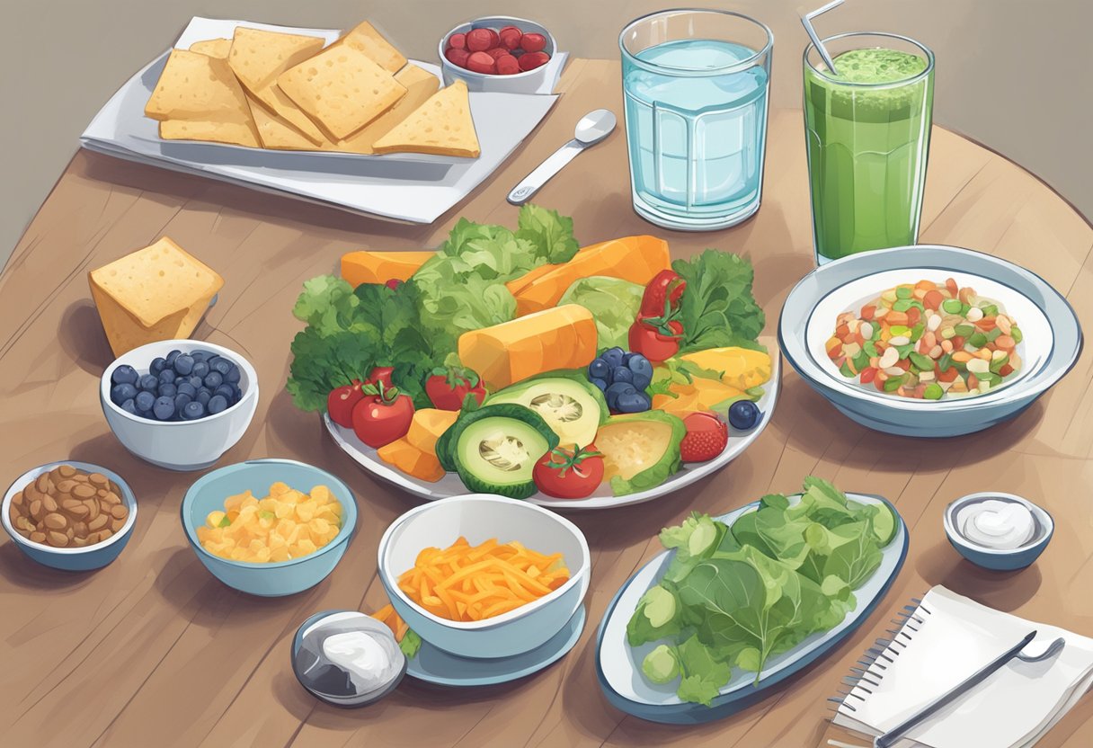 A table with a variety of healthy foods and snacks, a toothbrush and dental floss, a glass of water, and a list of braces-friendly meal ideas