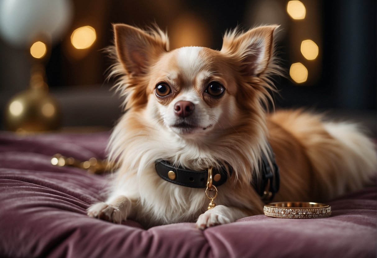 A long-haired chihuahua sits on a plush cushion, surrounded by luxurious dog accessories and a price tag in the corner