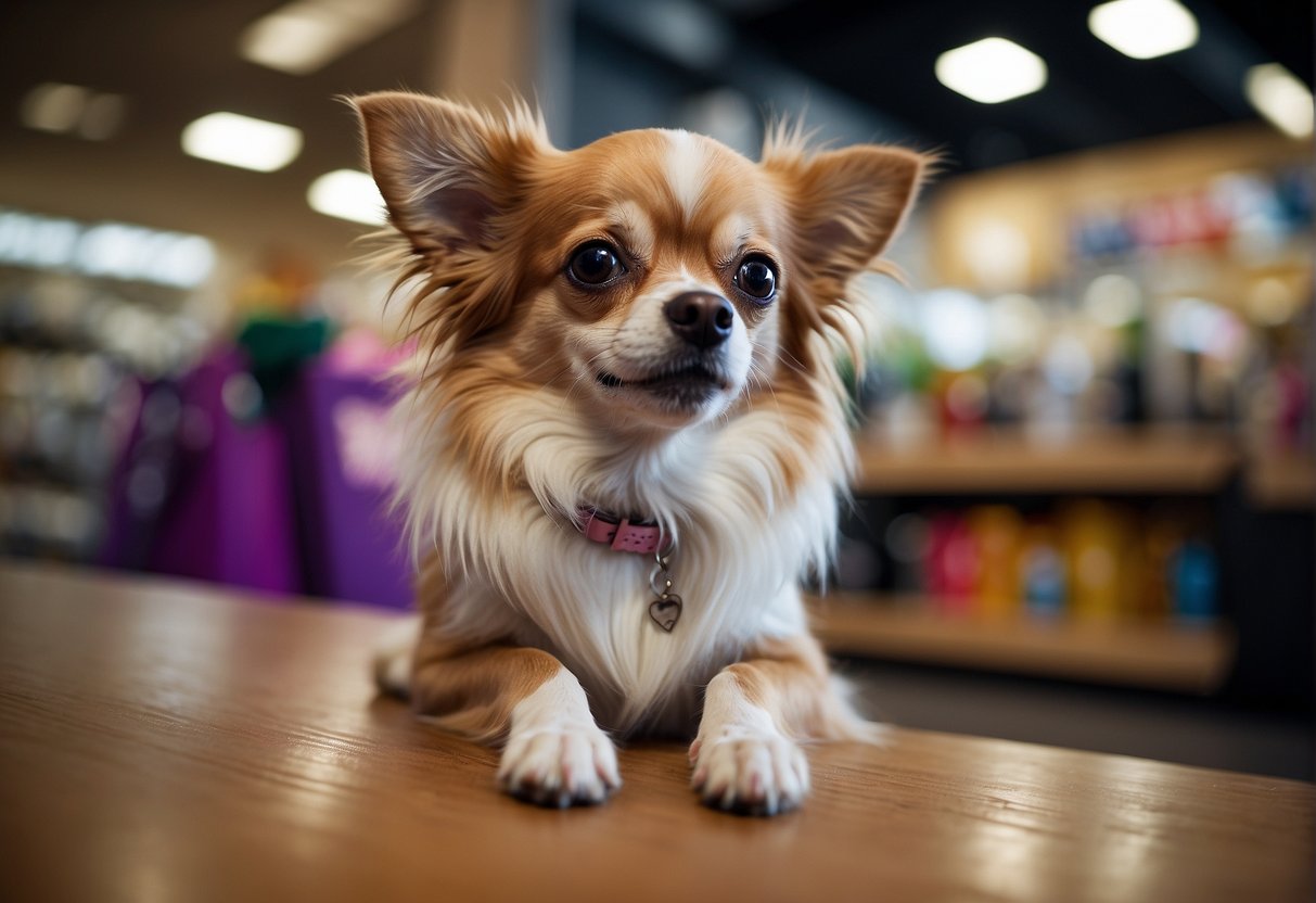 A long-haired Chihuahua being purchased. Show price inquiry and a cute, fluffy dog in a pet store or breeder's setting