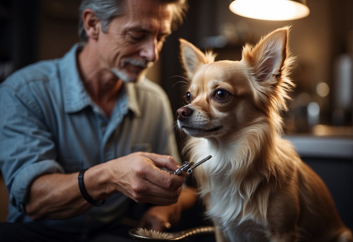 A long-haired Chihuahua being cared for with grooming tools and a loving owner