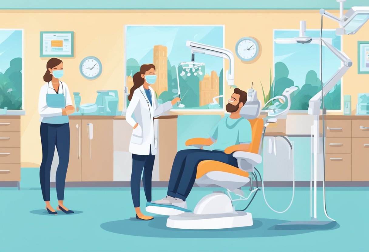A patient sits in a dentist chair, while the orthodontist carefully adjusts their braces. Posters on the wall offer tips for caring for braces