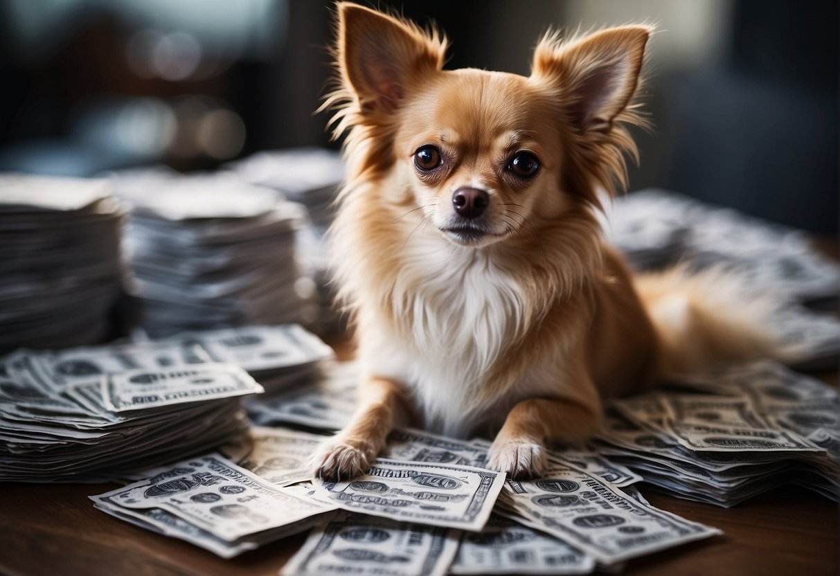 A fluffy long-haired Chihuahua sits on a price tag surrounded by question marks