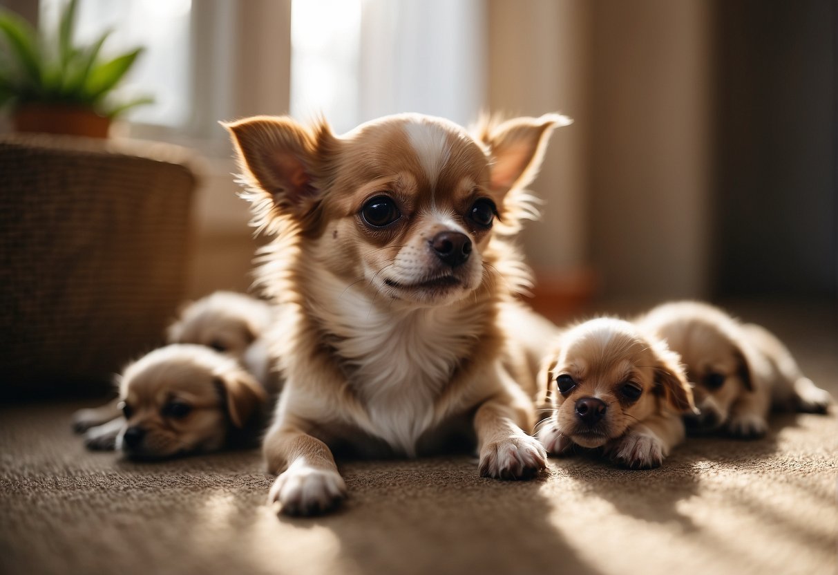 A chihuahua nursing a litter of puppies in a cozy, sunlit corner of a room