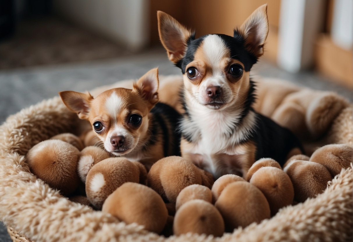 A chihuahua caring for her litter of puppies in a cozy nest, nursing and grooming them with tender affection