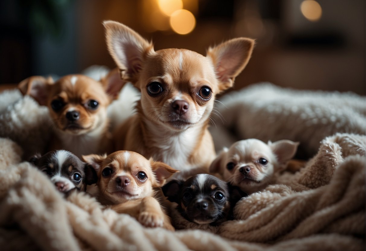 A chihuahua nursing her litter of puppies in a cozy, warm and safe environment, surrounded by blankets and toys