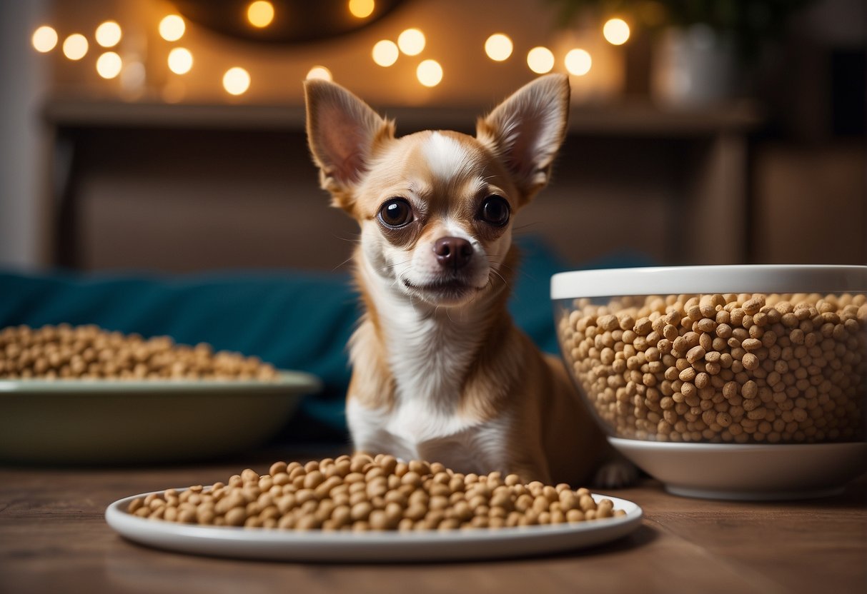 A small chihuahua sits next to a bowl filled with kibble, looking up expectantly. The room is cozy, with a soft bed and toys scattered around