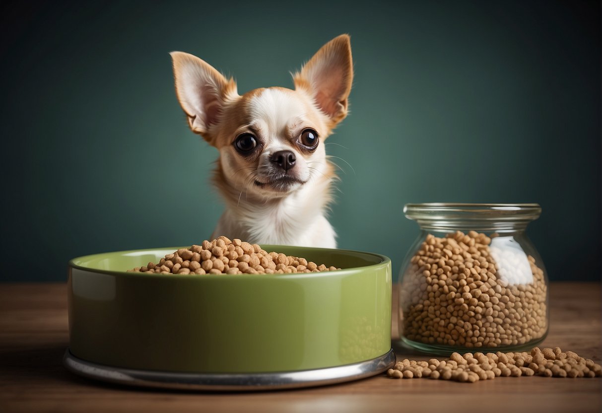 A Chihuahua's nutritional needs are shown with a bowl of kibble, weighing out the appropriate gram amount for the small dog's diet