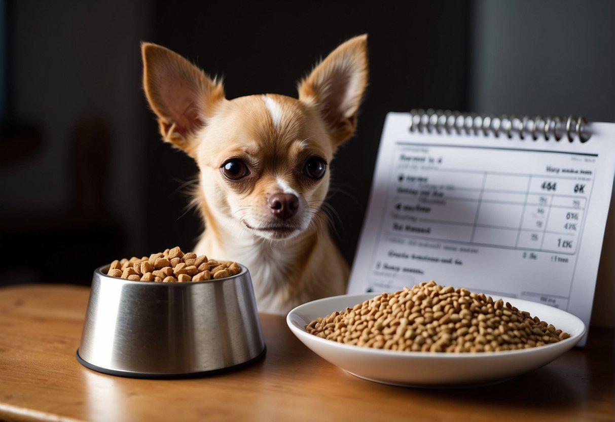 A chihuahua sits next to a bowl of kibble, with a measuring cup and a bag of dog food nearby. A chart with feeding recommendations is visible in the background