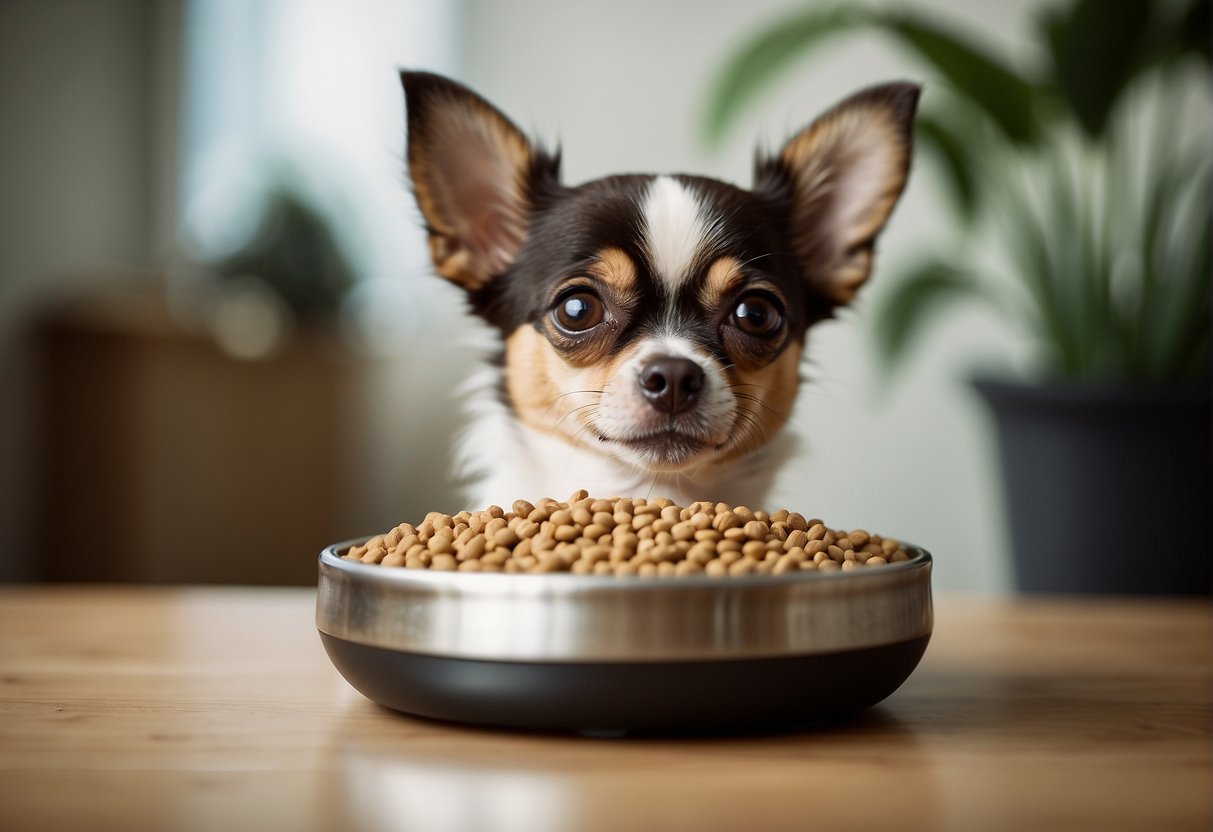 A small bowl filled with chihuahua-sized kibble, a measuring scale, and a curious chihuahua looking up at the bowl
