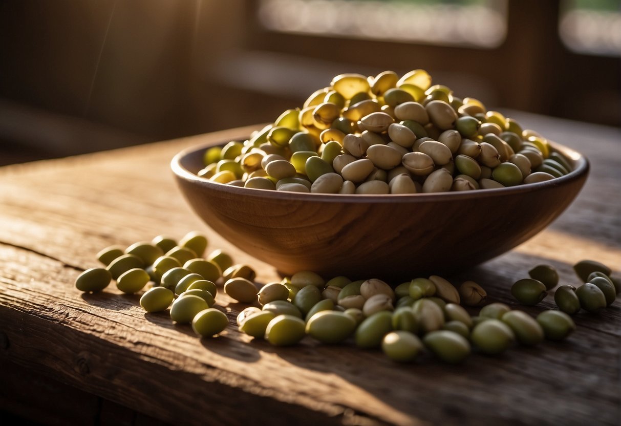 A pile of dried fava beans scattered on a rustic wooden table, with sunlight streaming through a nearby window casting soft shadows on the textured surface