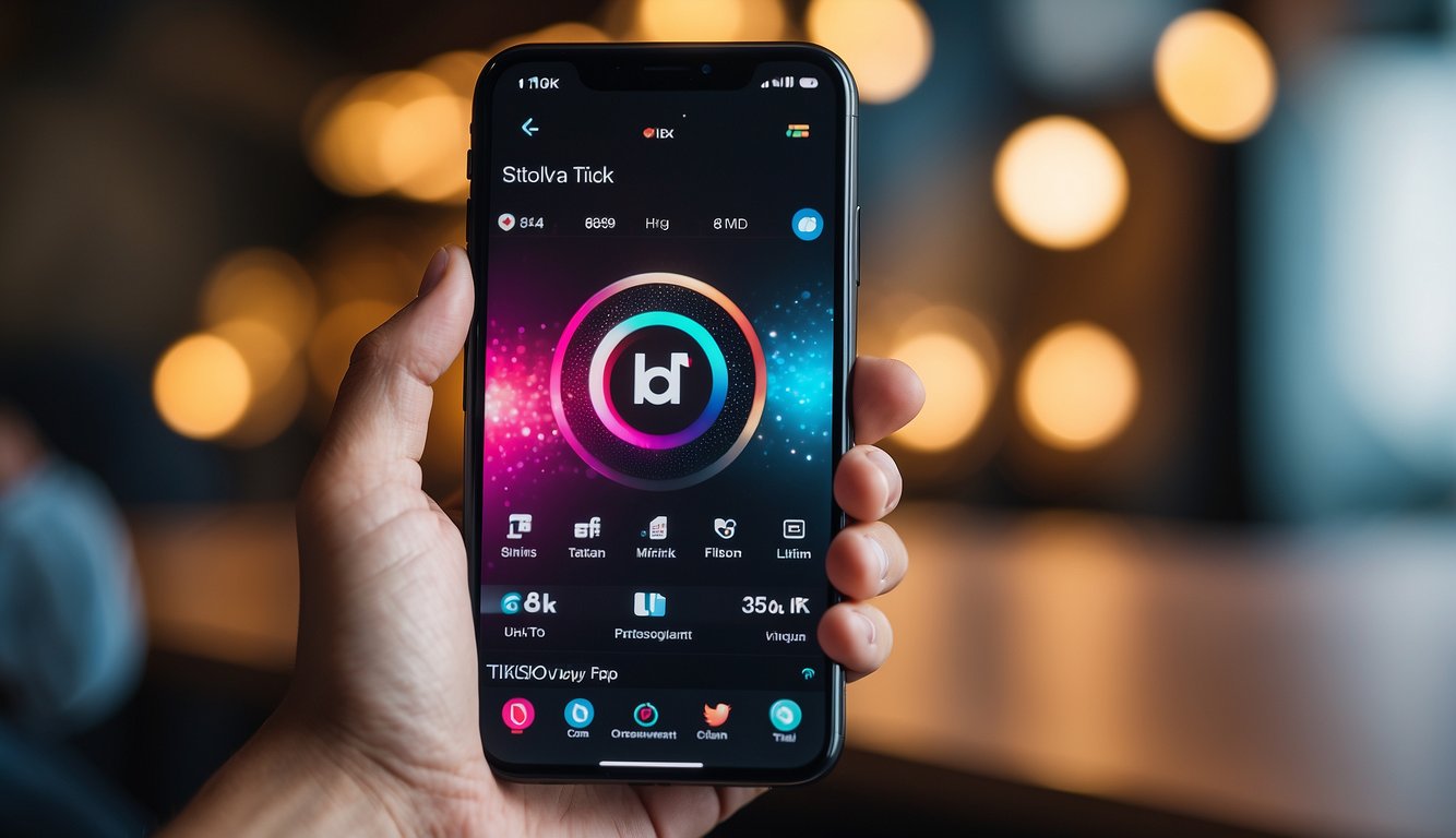 A smartphone displaying the TikTok app with trending hashtags and a user profile with a high follower count, surrounded by social media icons and engagement metrics