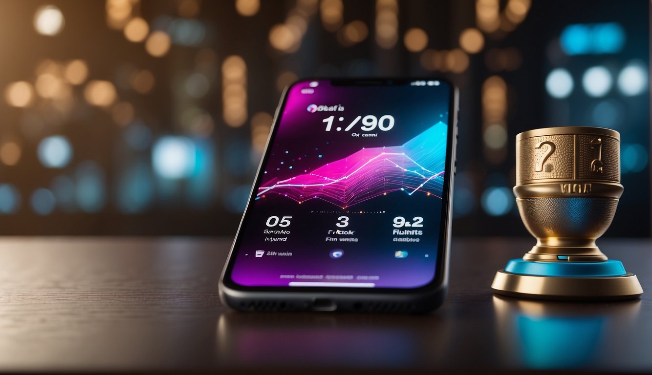 A smartphone with TikTok app open, surrounded by growth charts, analytics data, and a trophy symbolizing success
