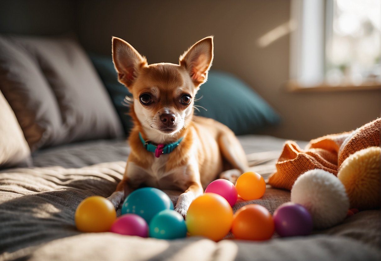 A chihuahua lounges on a cozy bed, surrounded by colorful toys and a bowl of water. The room is filled with soft sunlight streaming through the window