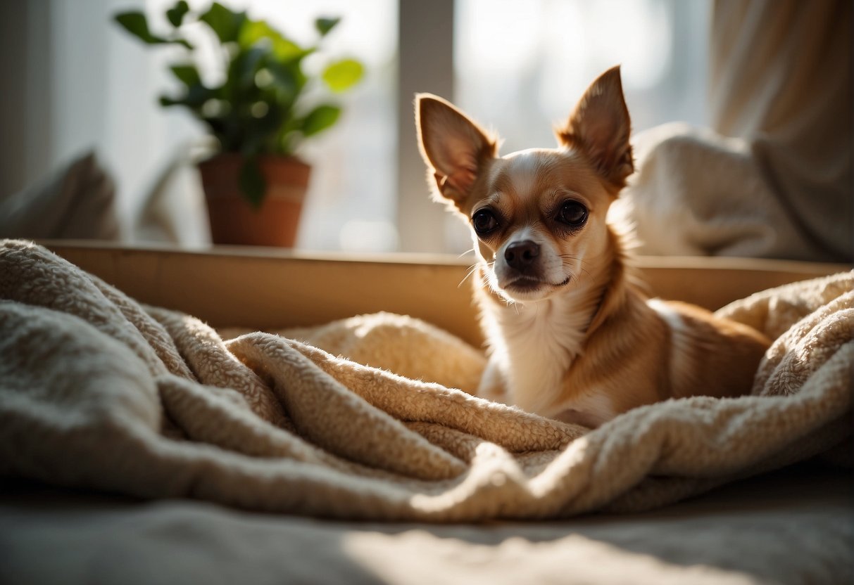 A pregnant Chihuahua rests in a cozy nest, her belly swollen with growing puppies. She is surrounded by soft blankets and toys, with a gentle glow of sunlight streaming through the window