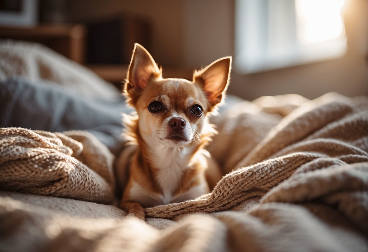 A chihuahua lying comfortably in a cozy bed, surrounded by soft blankets and toys. The room is warm and inviting, with gentle sunlight streaming in through the window
