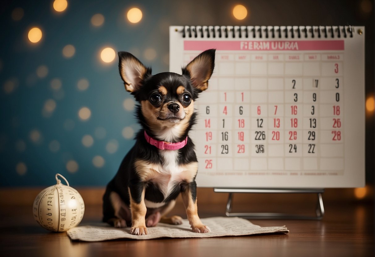 A chihuahua dog with a pregnant belly, surrounded by a calendar showing the gestation period
