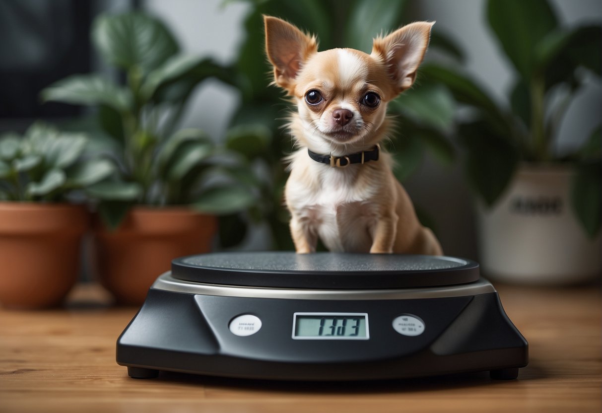 A chihuahua standing on a scale, with a weight measurement displayed