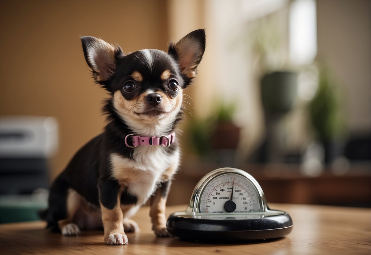 A Chihuahua puppy standing beside a ruler, with a weight scale in the background