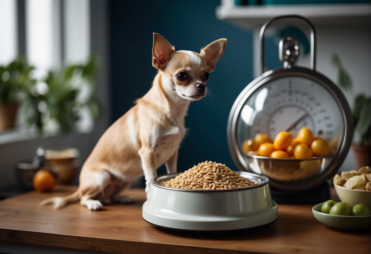 A chihuahua standing on a scale, with a bowl of healthy food and a water dish nearby. A veterinarian or pet owner looks on with a concerned expression