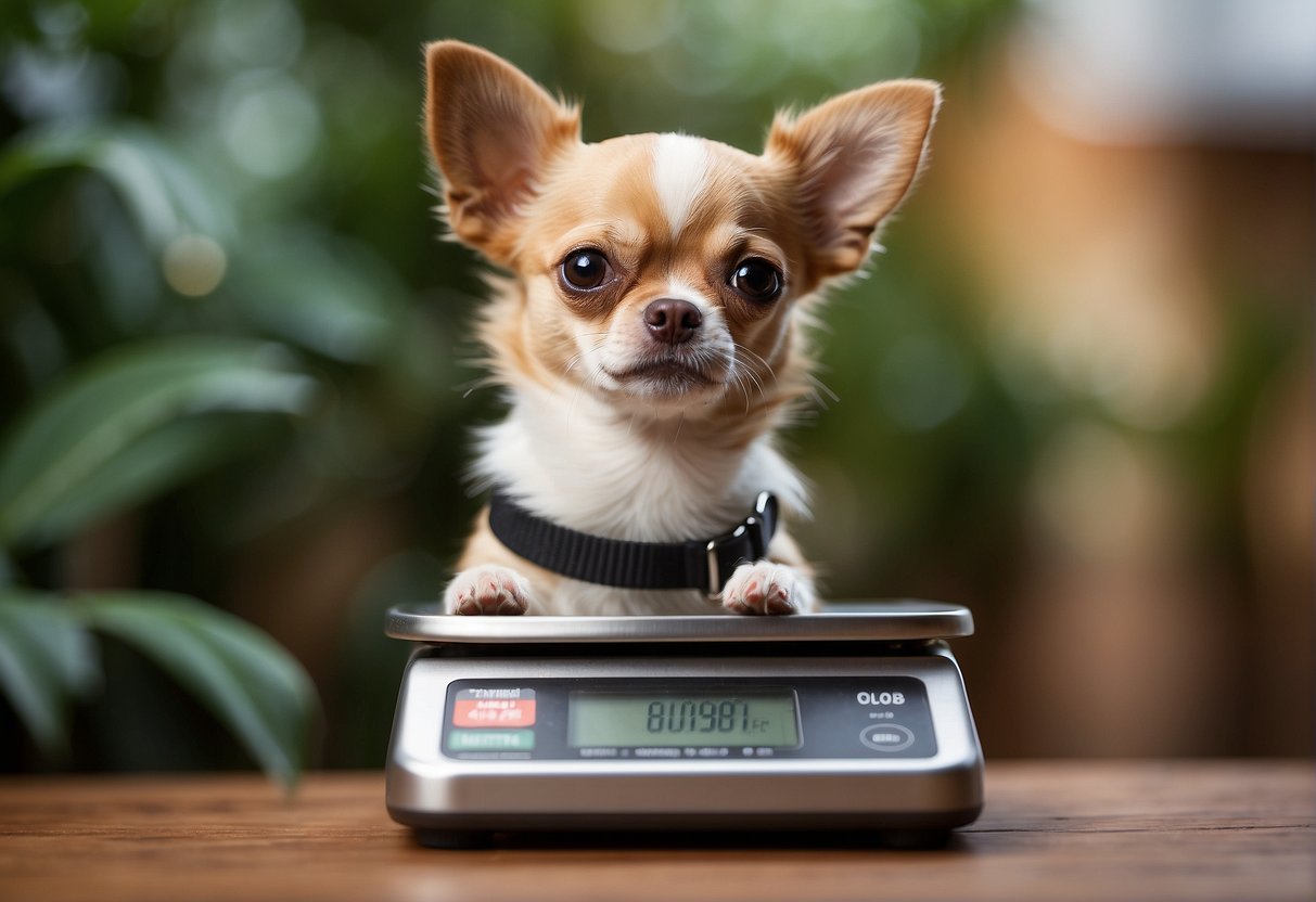 A small chihuahua dog sitting next to a scale, with a thought bubble above its head containing the question "combien doit peser un chihuahua"