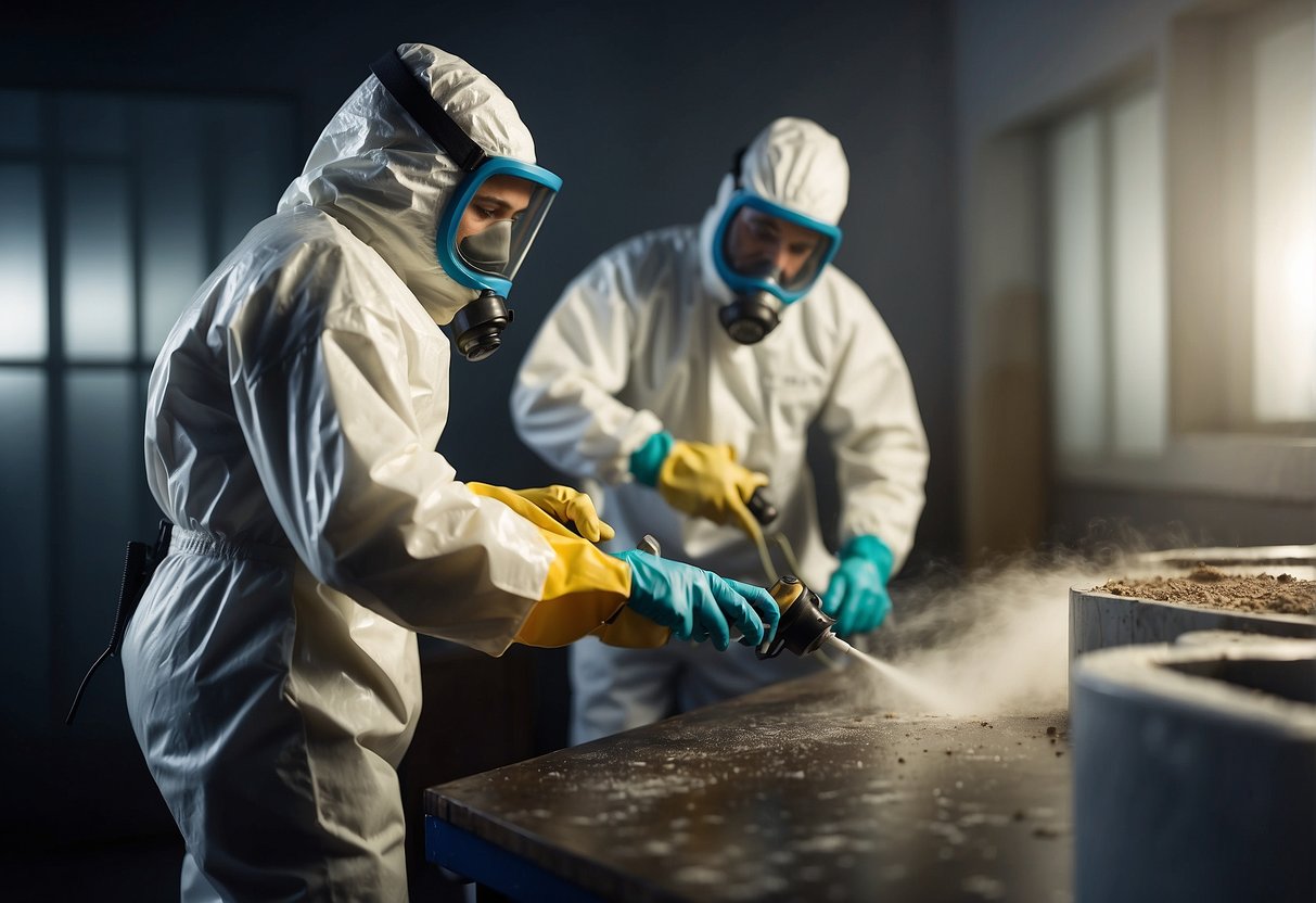A person wearing protective gear sprays a mold-infested area with a cleaning solution, while another person removes moldy materials