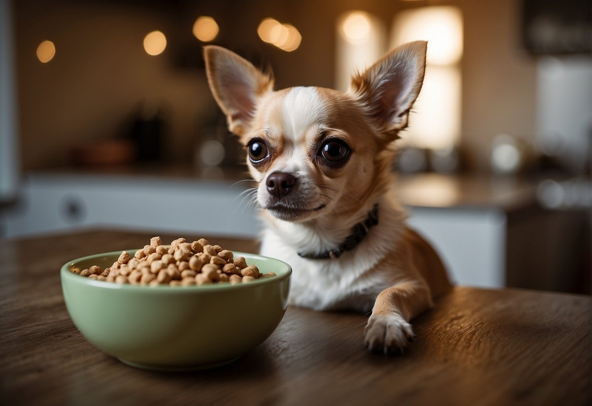 A chihuahua eating from a small bowl of kibble