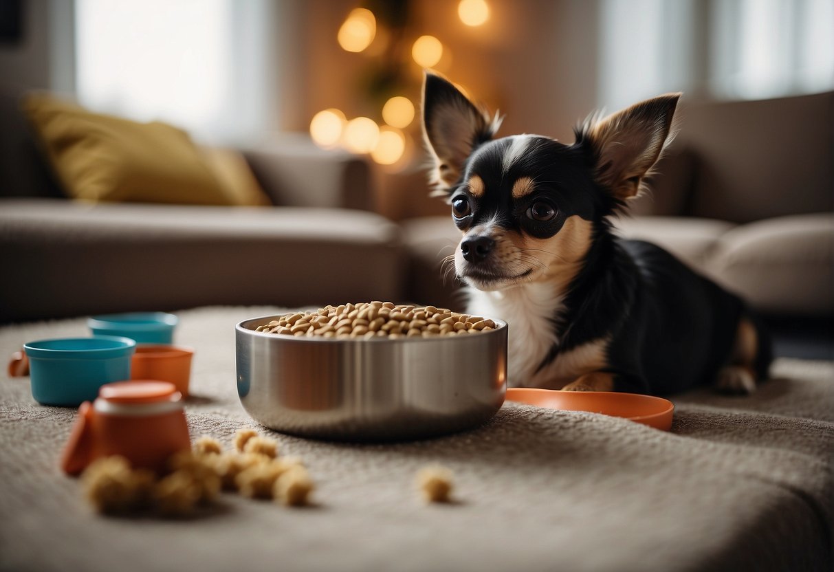 A Chihuahua eating from a small bowl of dog food, surrounded by toys and a water dish, in a cozy living room setting