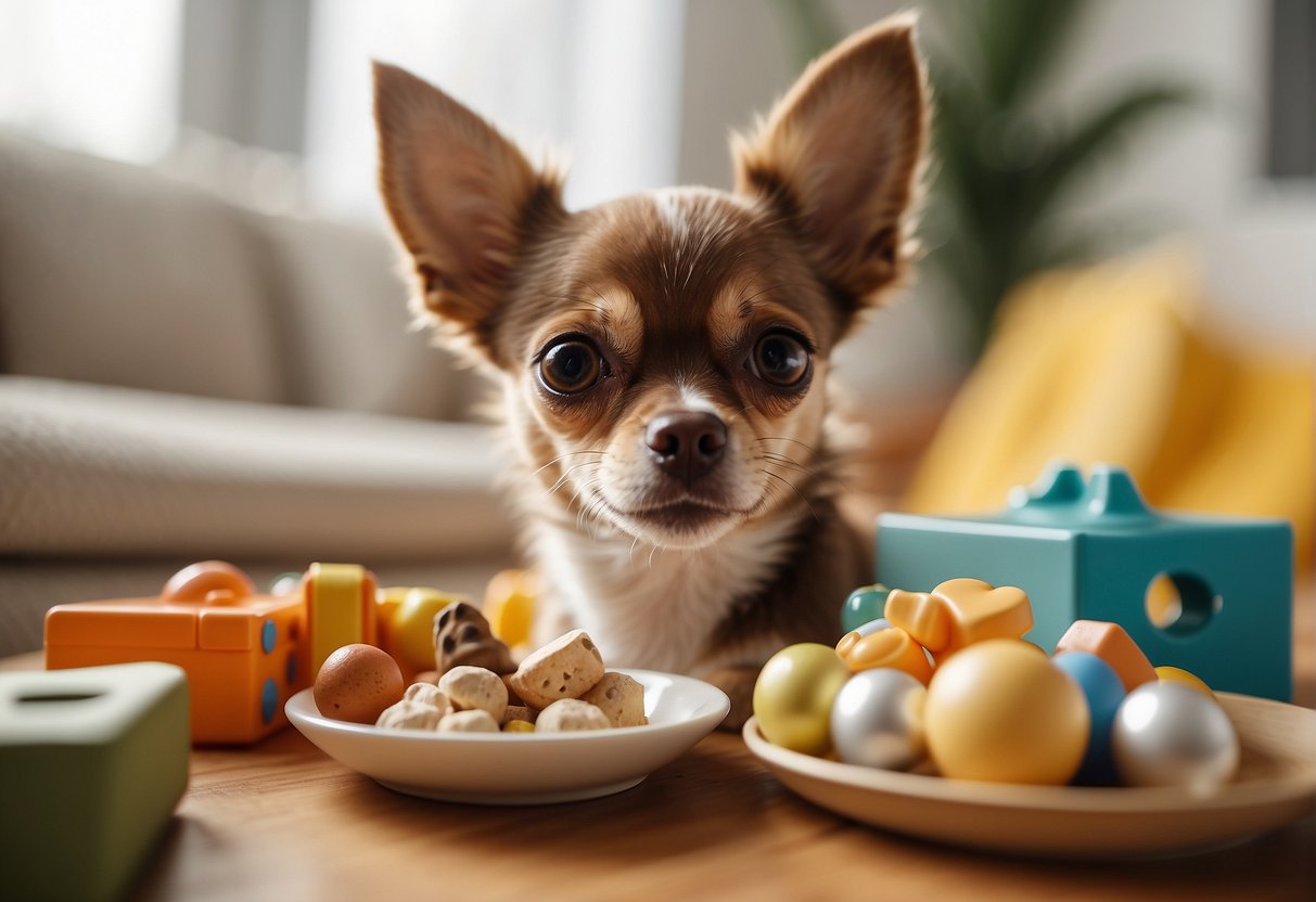 A Chihuahua dog eating from a small bowl, surrounded by toys and a cozy bed in a bright, sunny room