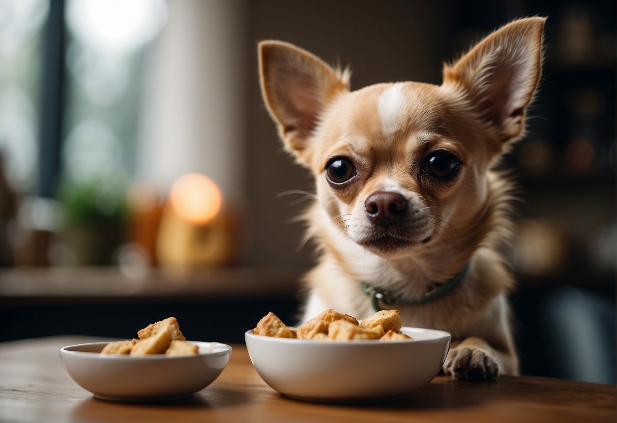 A chihuahua eagerly eats from a small bowl, its tail wagging