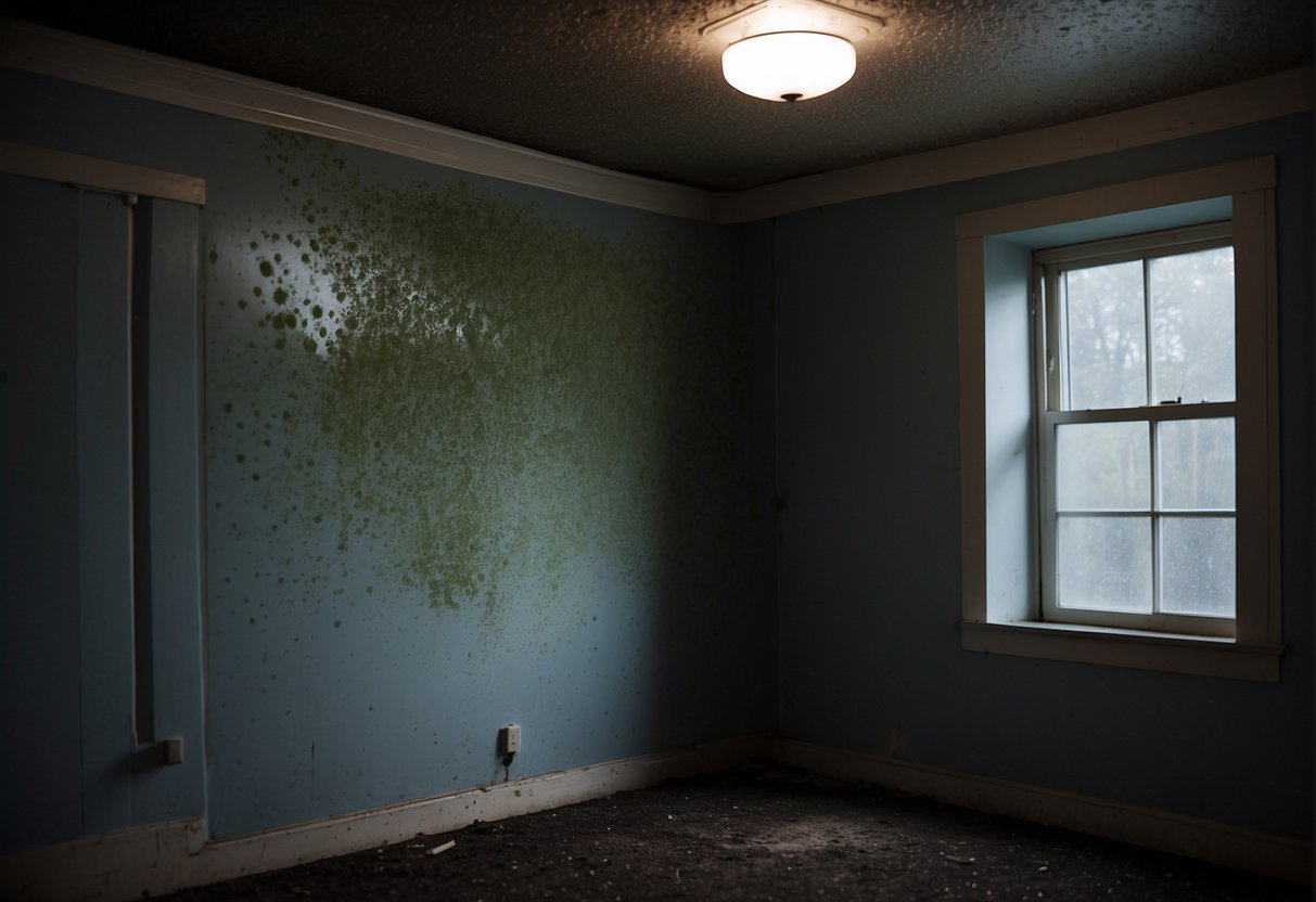 A dark, damp room with visible mold growth on walls and ceiling. Mold spores are floating in the air, posing a health risk