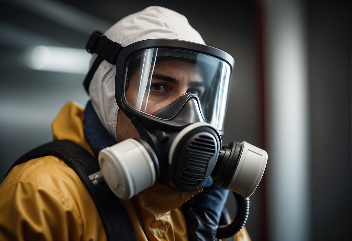 A person wearing protective gear and using mold removal products in a well-ventilated area. Gloves, mask, and goggles are visible