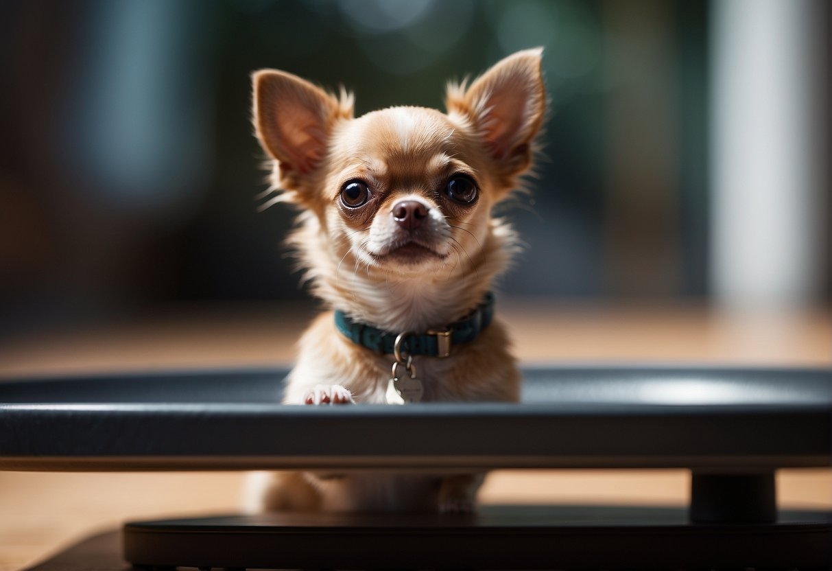 A small chihuahua stands on a scale, its tiny paws gripping the edges as it looks up with curious eyes