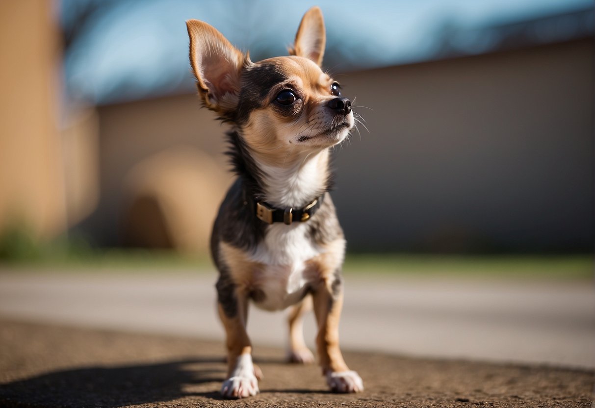 A small, alert Chihuahua stands on its hind legs, ears perked, with a sleek body, and a weight of around 2-6 pounds