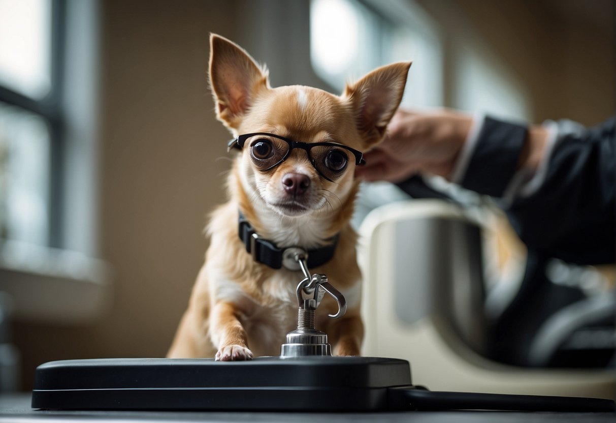 A chihuahua being groomed and weighed on a scale