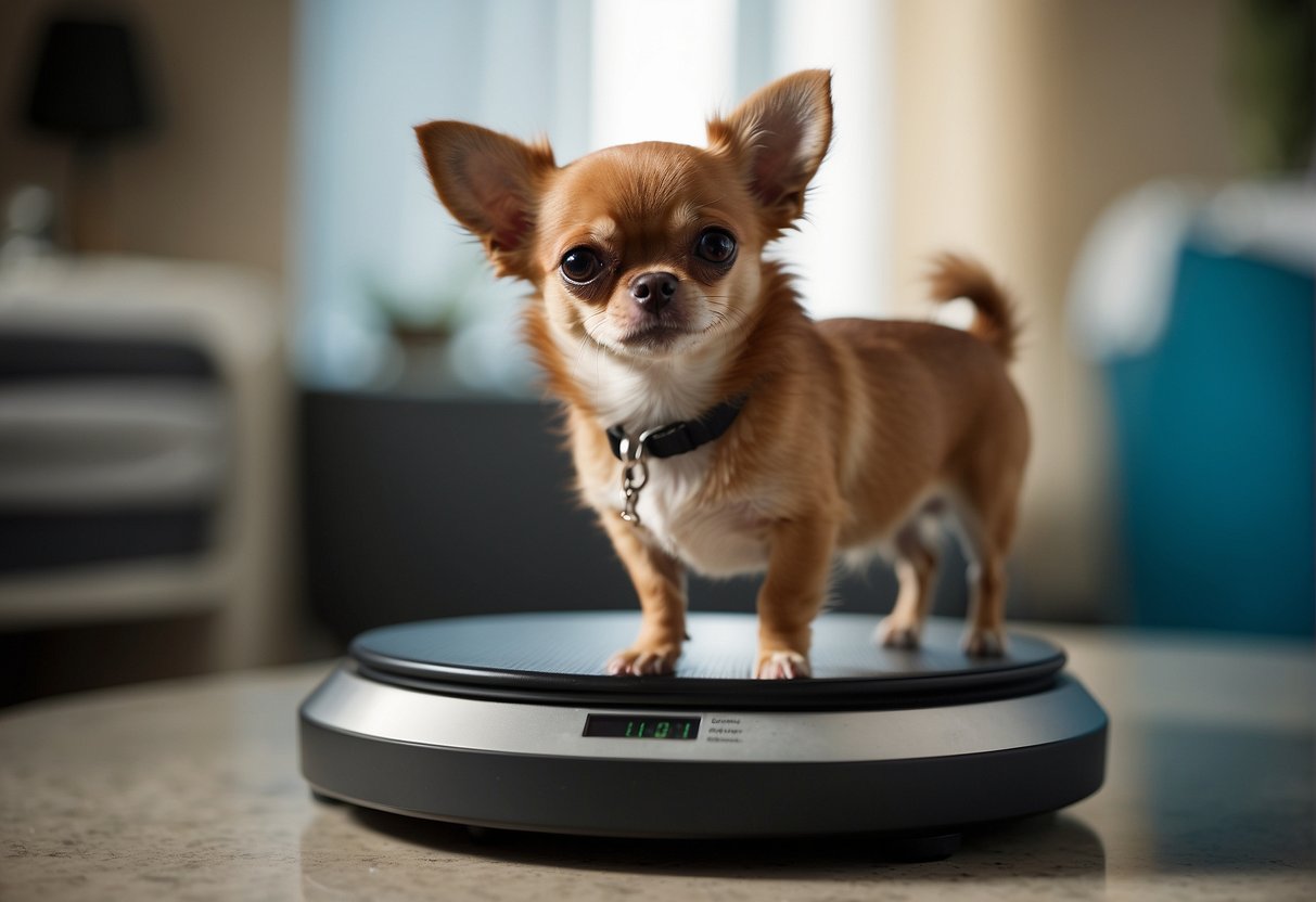 A chihuahua stands on a scale, its small body perfectly still as the weight is measured. The scale's numbers are clearly visible, capturing the moment of curiosity about the adult chihuahua's weight