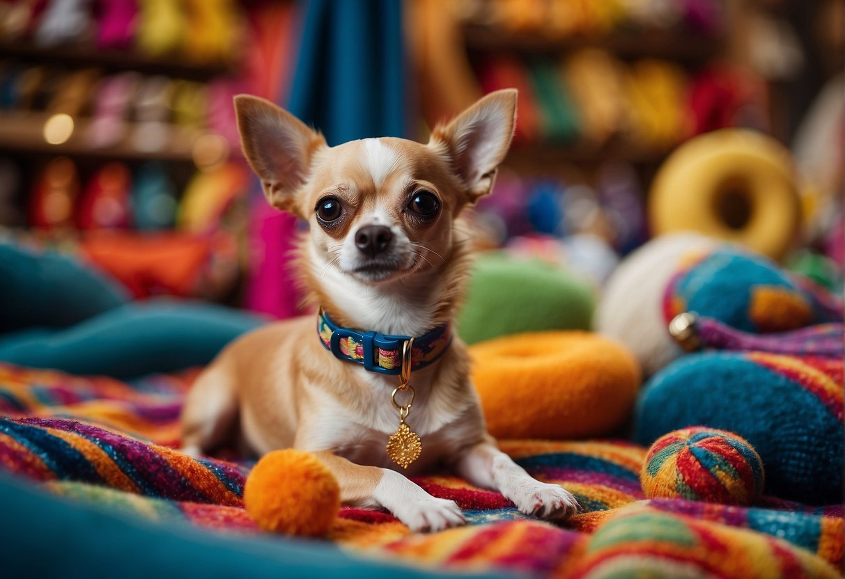 A chihuahua sits on a vibrant, patterned blanket in a cozy pet store, surrounded by colorful toys and accessories. A price tag dangles from its collar