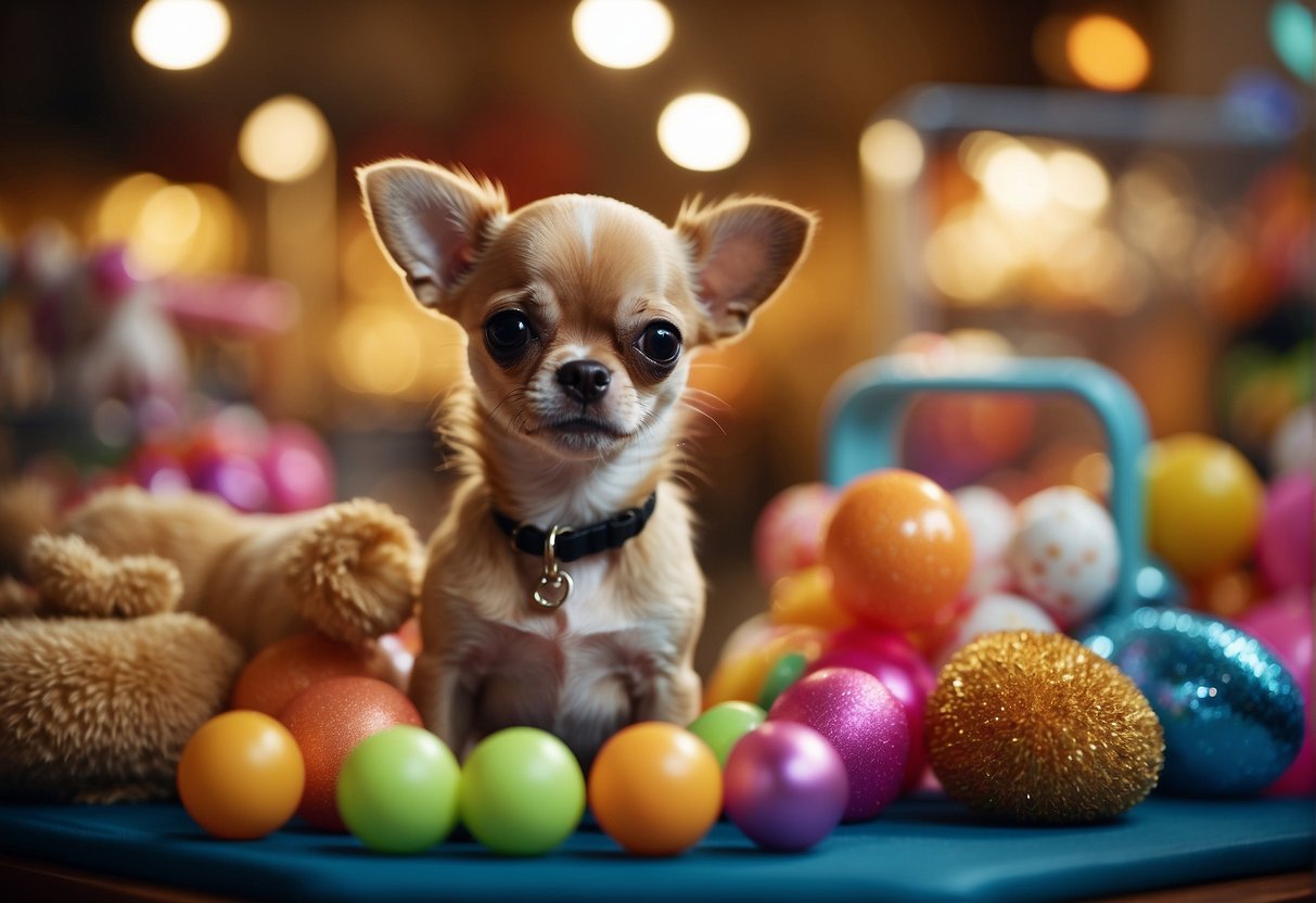 A Chihuahua puppy sits in a cozy pet store display, surrounded by colorful toys and treats. Price tags hang from the nearby cages