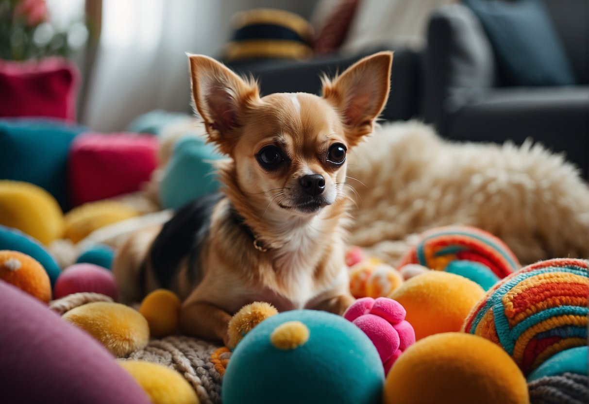 A Chihuahua sitting on a plush cushion, surrounded by colorful toys and a cozy bed, with a bowl of food and water nearby