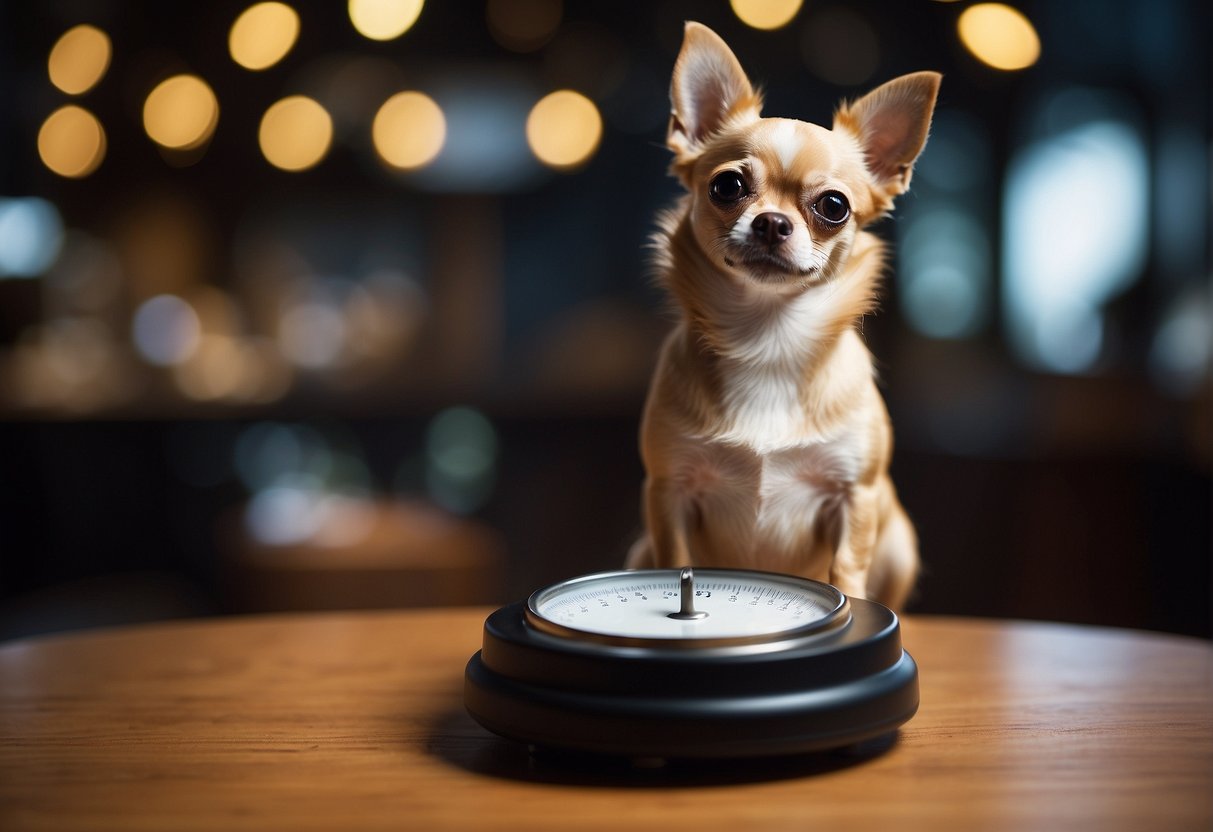 A chihuahua sitting on a scale with a price tag next to it