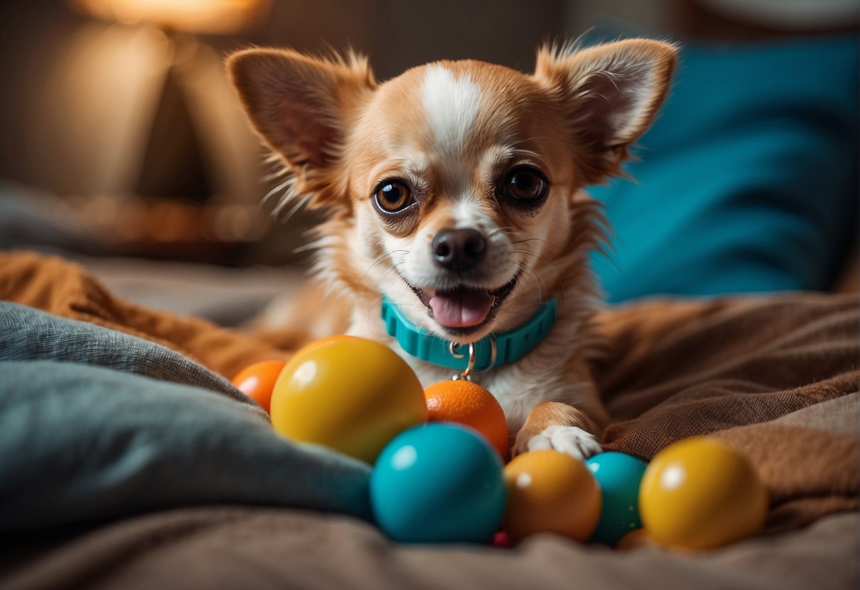 A chihuahua playing with a chew toy in a cozy bed, surrounded by colorful toys and a water bowl