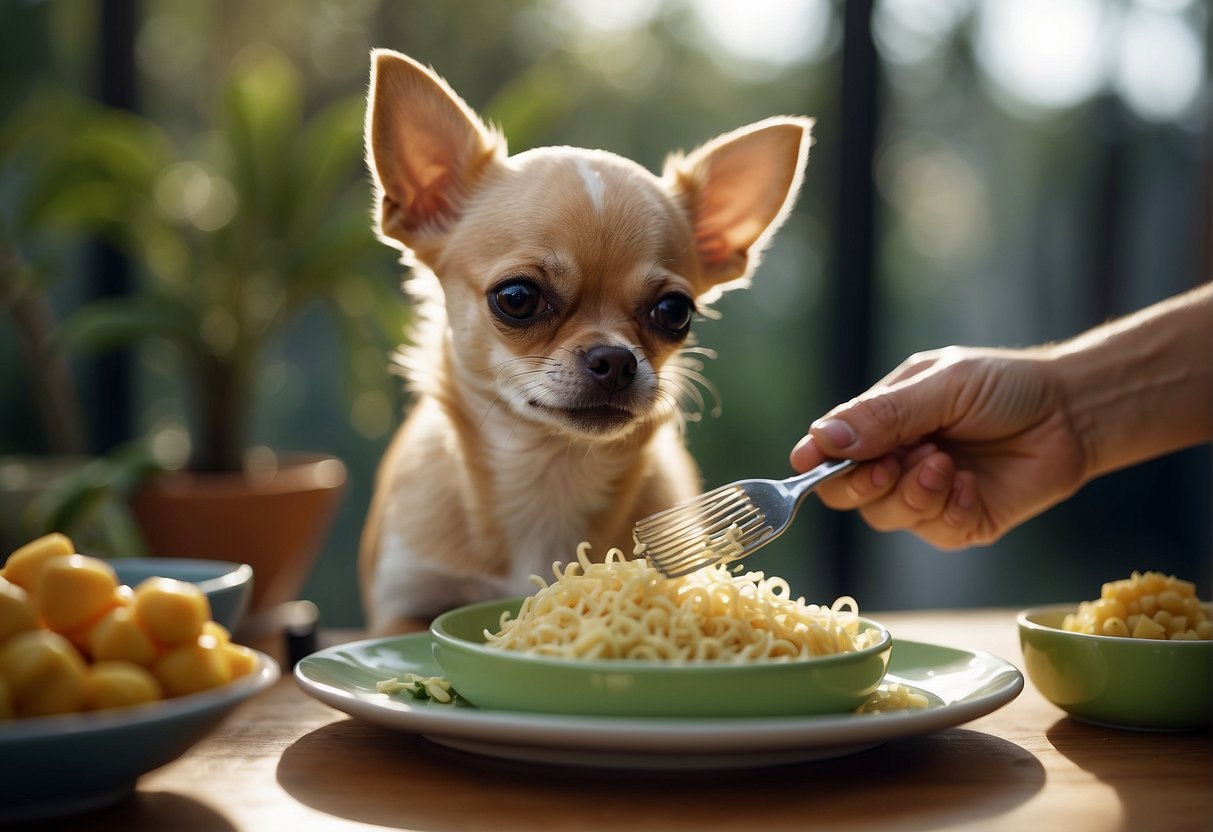 A Chihuahua being brushed and groomed, with a bowl of fresh water and a healthy meal nearby