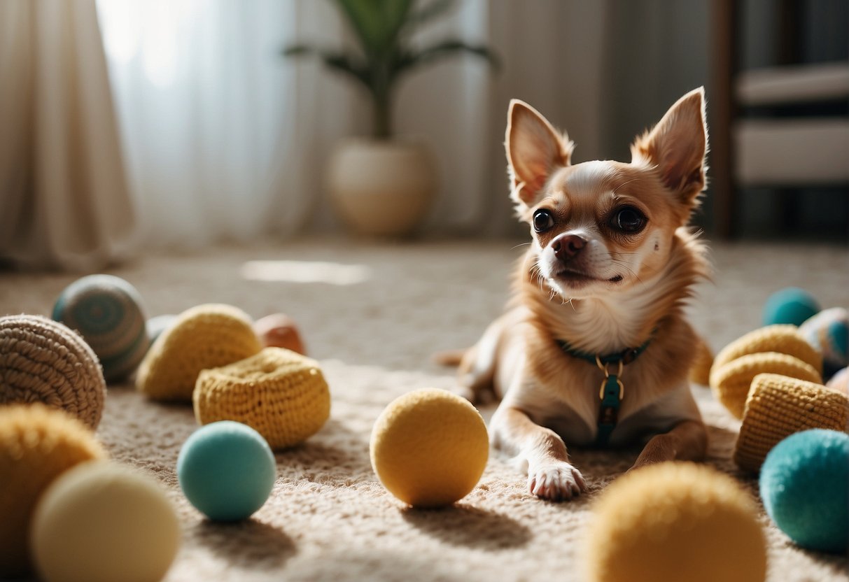 A Chihuahua playing with a variety of toys in a bright, spacious room with plenty of natural light