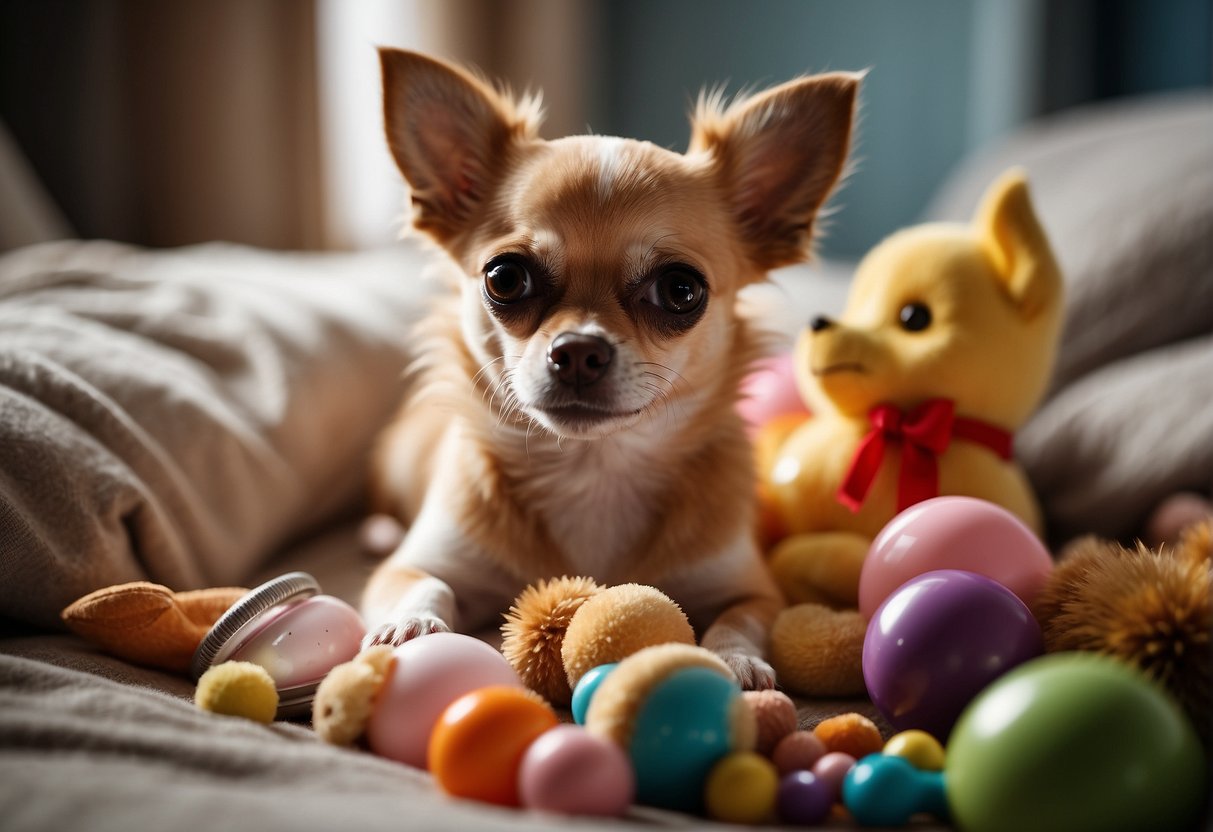 A chihuahua sitting on a cozy bed, surrounded by toys and treats. A person gently grooming its long, silky fur while another fills its water bowl