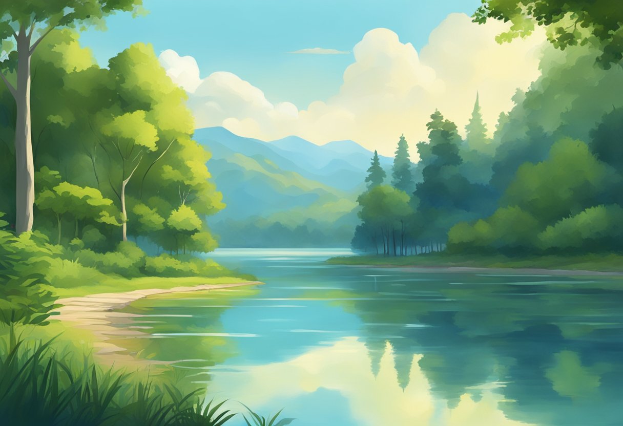 A serene landscape with a clear blue sky, lush greenery, and a calm body of water reflecting the surrounding beauty
