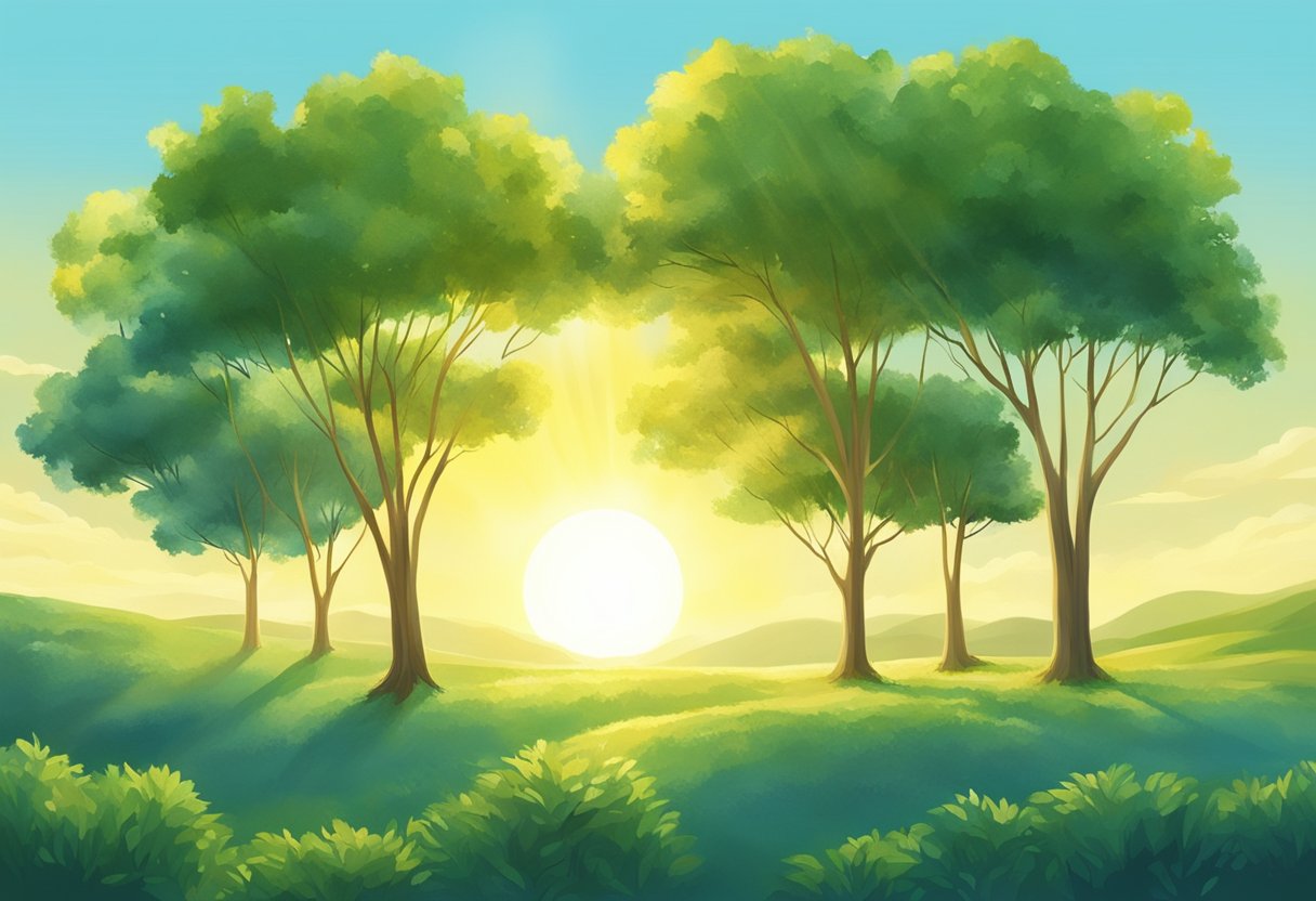 A bright sun shining over a serene landscape with a clear blue sky and lush greenery, evoking a sense of peace and contentment
