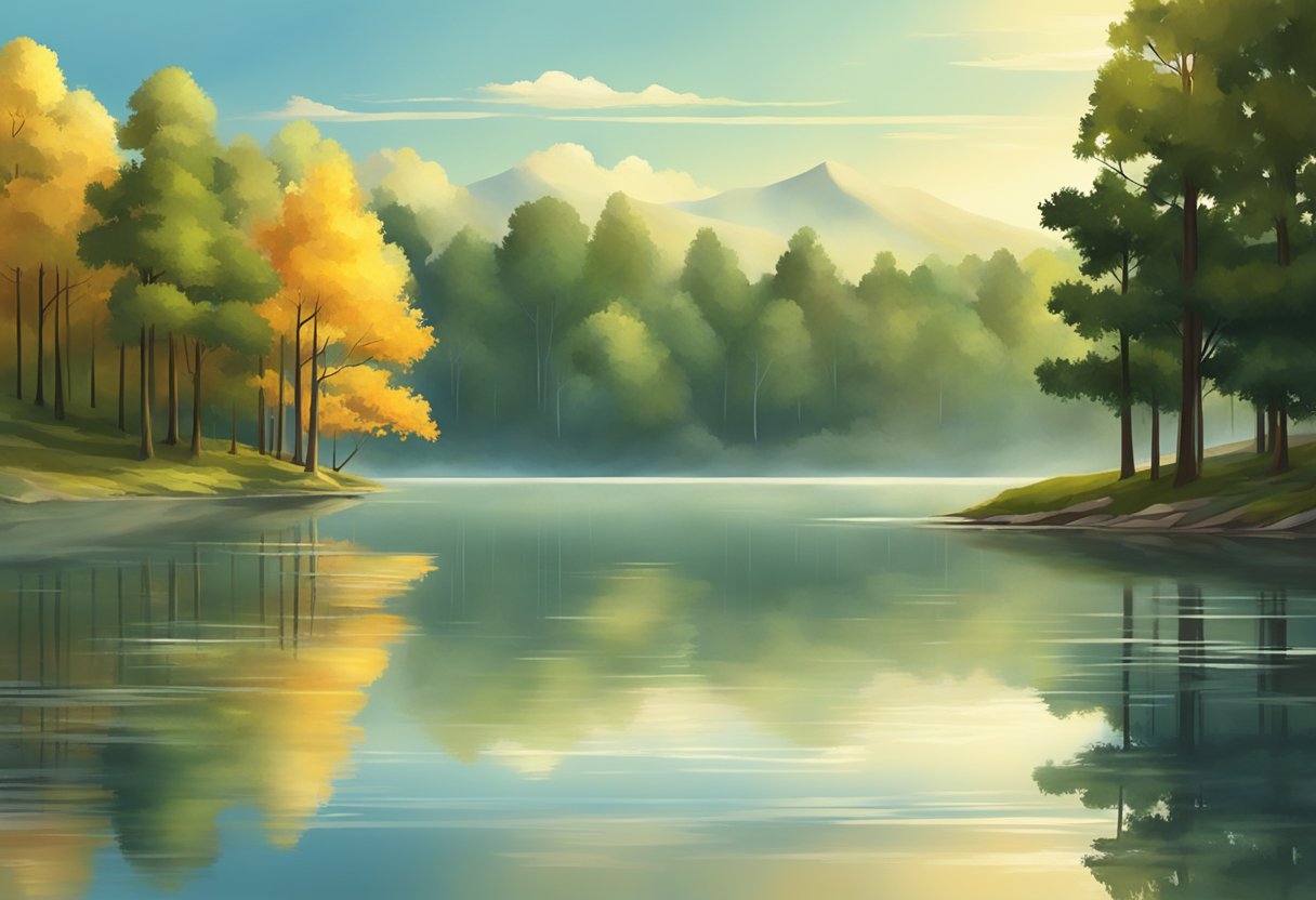 A serene landscape with a calm lake reflecting the surrounding trees, creating a peaceful and harmonious atmosphere