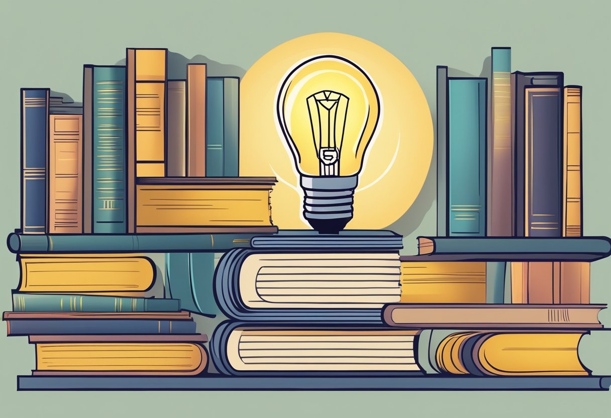 A stack of books and a glowing light bulb symbolize sources of knowledge and their impact on personal fulfillment and happiness