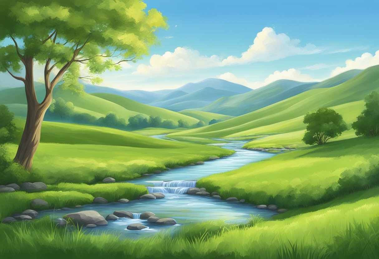 A serene landscape with a clear blue sky, rolling green hills, and a tranquil stream flowing through the scene