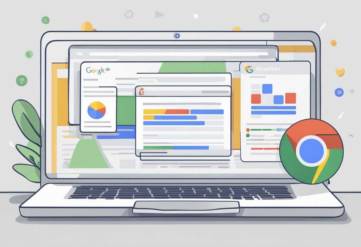 A laptop displaying Google search results for "why is my business not showing up on google," with various ranking factors listed