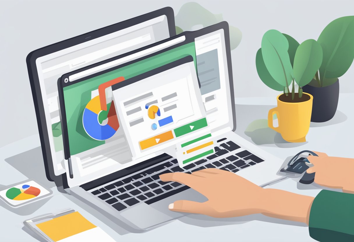 A laptop open to Google My Business page, with a checklist of profile setup steps, a phone displaying a search for the business not appearing on Google